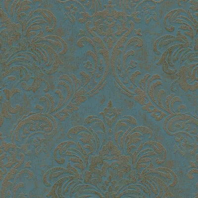 A close-up, repeating pattern of damask-style wallpaper.