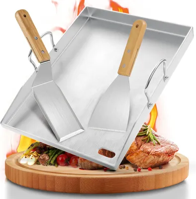 Produktbild von Faziango Grillplatte Edelstahl 40×30 cm, massive 4 mm Plancha mit Fettablauf, inkl. 2 Grillspatel, für Steak, Burger und Gemüse
