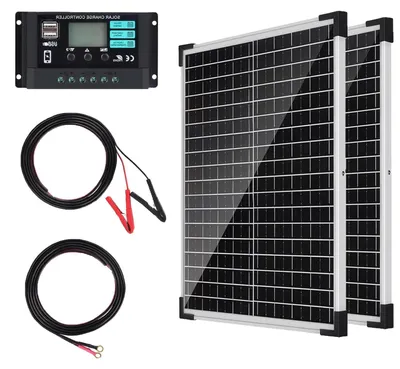 Obrázek produktu pro Solární sada 12 V - 50 W - 2 x 25 W - regulátor nabíjení 10 A - Monokrystalické panely - Kabel 15 m