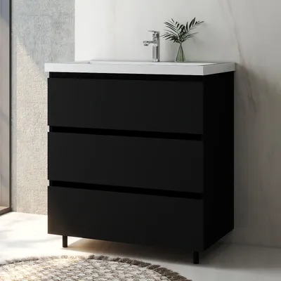 Produktbild von Badmöbel Set 80 cm Alast Schwarz Rechteckiges Waschbecken mit Unterschrank Hängeschrank mit Schrankfüße Softclose