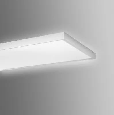 A close-up, angled view of a white LED panel light mounted on a wall.