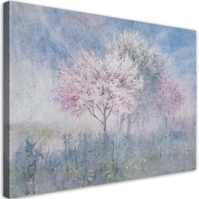 Produktbild von Leinwandbild blühender baum auf der wiese alt verblasst 60x40 cm Feeby lila wandbild bereit zum aufhängen