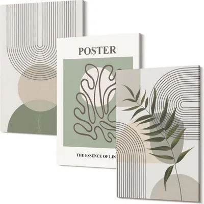 Produktbild von Wandbild – Leinwandbild – Leinwandbilder – Polycanvas – Kunstdruck – Modern – Panorama – Mehrteilig – 3-Teilig Set – Hochwertig – Lichtecht – Geruchslos – 40x60 Cm Je Element - Poster mit geometrischen abstrakten botanischen Mustern