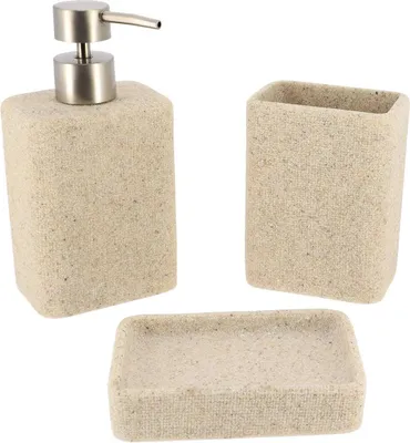 Produktbild von Becherset seifenspender und seifenschale aus rechteckigem polyresin in sandoptik - natur - Tendance