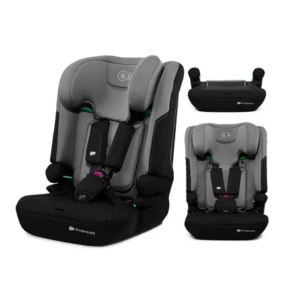 A studio shot of a car seat and its components on a white background.