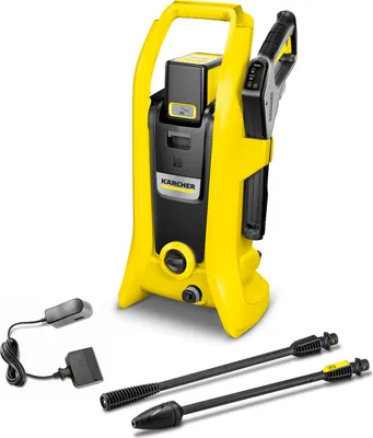 A Kärcher battery-powered pressure washer and its accessories are displayed against a white background.