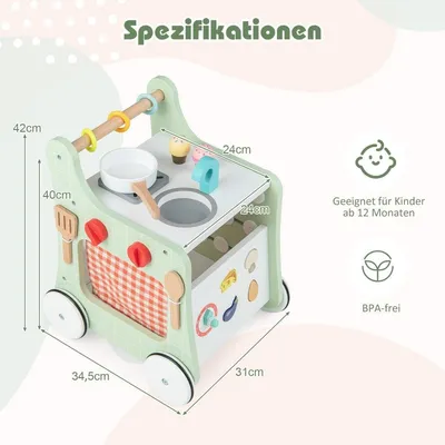 Image de Trotteur en bois 6 en 1 avec cuisine ludique & horloge d'apprentissage & réglage de forme & curseur mobile vert