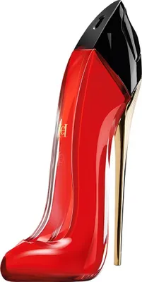 A red stiletto high heel perfume bottle with a black cap and gold heel.