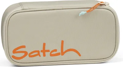A beige pencil case with orange lettering.