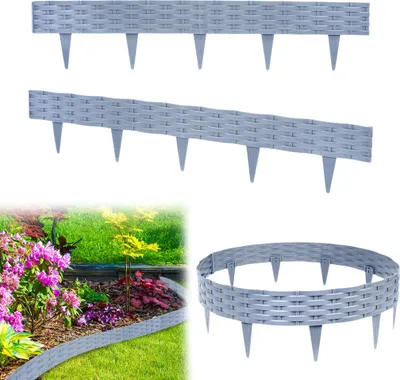 A collage of garden edging products, including straight and curved sections, and a lifestyle shot of the edging in a garden.
