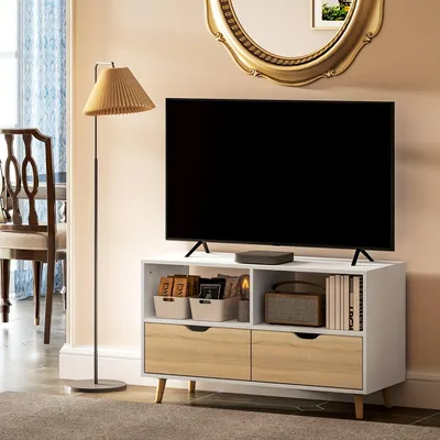 Immagine prodotto di Mobile TV - Mobile TV con ante - Larghezza: 99 cm - Due cassetti e vani aperti - Design bianco e moderno