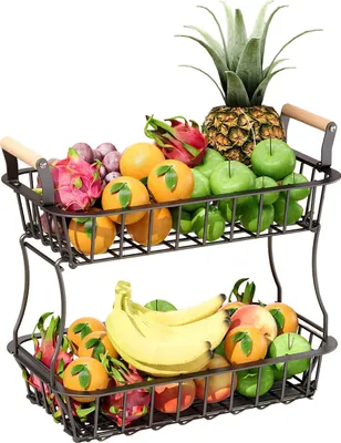 Produktbild von Relaxdays Obstkorb 2-stöckig, Obstschale für die Küche, Metallkorb für Obst und Gemüse, Griffe, Metall & Holz, schwarz