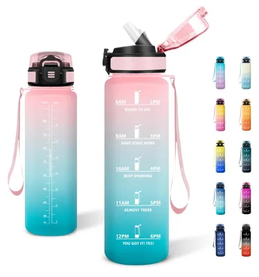 Produktbild von Trinkflasche 1L auslaufsicher, Sportflasche mit Strohhalm, kohlensäuregeeignet