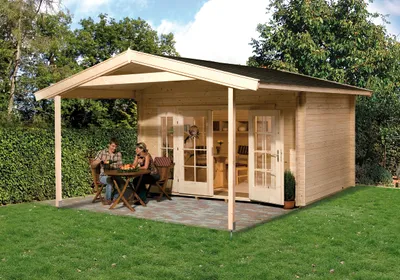 Produktbild von WEKA 137.3830.40.00 Premium Gartenhaus/Blockbohlenhaus Tegernsee 2 mit Vordach (200 cm)/Doppeltür/Doppelfenster ; Größe: 1 ; Farbgebung: Naturbelassen ; Wandstärke: 45 mm ; Maße (LxBxH): 500 cm x 380 cm x 262 cm ; Seitenwandhöhe: 210 cm