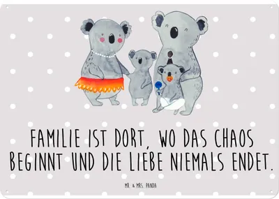 Produktbild von Mr. & Mrs. Panda Wandbild Koala Familie DIN A4 - Grau Pastell - Geschenk, Schild, tafel, Koalas, Muttertag, Family, Türschild, Magnetschild, Mama, Kinder, Blechschild