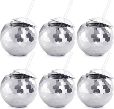 Produktbild von Nicunom 6 Stück 540 ml Discokugelbecher mit Deckel und Trinkhalmen Wiederverwendbar, silberfarben, Discokugel-Becher, Cocktailbecher, glitzernd, Disco-Bar, Party, Wein, Trinken, Tee, Sirup, Flasche