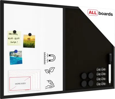 Zdjęcie produktu dla Tablica korkowo magnetyczna 90x60 cm biało-czarna COMBI rama drewniana lakierowana czarn