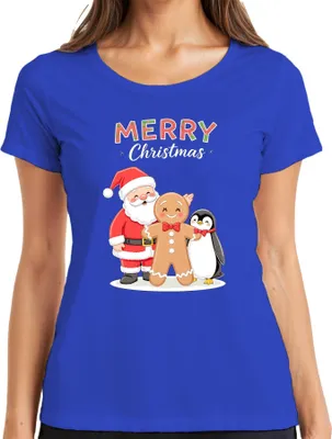 Produktbild von Merry Christmas Weihnachtsmann Lebkuchenmann Pinguin Weihnachten Damen T-Shirt, Blau, XL