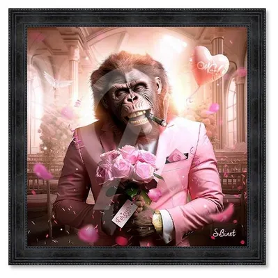 Image de Cadre en bois avec impression en PVC vernis "Monkey Love" - Noir - 120 x 120 cm - Collection Binet