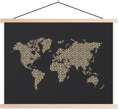 Produktbild von MuchoWow® Textilposter Weltkarte - Pantherdruck - Schwarz 150x113 cm mit holzfarbenen Rahmen - Poster