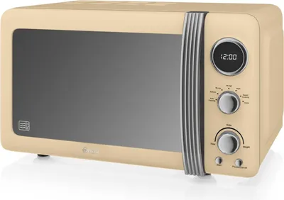 A retro-style cream-colored digital microwave oven is shown against a white background.