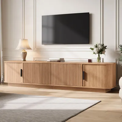 Produktbild von MODFU Lowboard mit LED, 2 Schubladen und Schiebetüren, TV-Schrank mit Kabeldurchführung, TV-Board,Fernsehschrank für Wohnzimmer,180x40x40cm,Natur