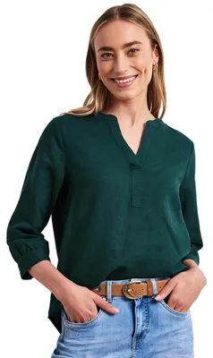 Productafbeelding van Street One blouse met split hals, gemaakt van een linnenmix, in de kleur donkergroen, maat 34
