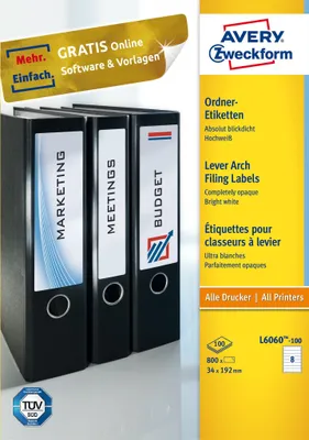Obrázek produktu pro Avery Zweckform® L6060-100 L6060-100 Etikety na složky - úzké/krátké, (A4 - 100 listů) 800 kusů, bílé