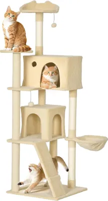 Image de Arbre à chat - Arbre à grimper - 180 cm de hauteur - 4 niveaux avec plusieurs plates-formes - Panneau de particules & peluche - Blanc