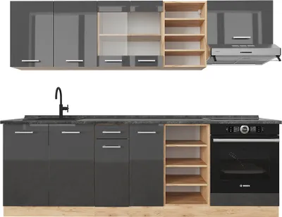 Produktbild von Küchenzeile Vicco R-Line Anthrazit Hochglanz/Goldkraft Eiche 240 cm , AP Anthrazit, Model 43339