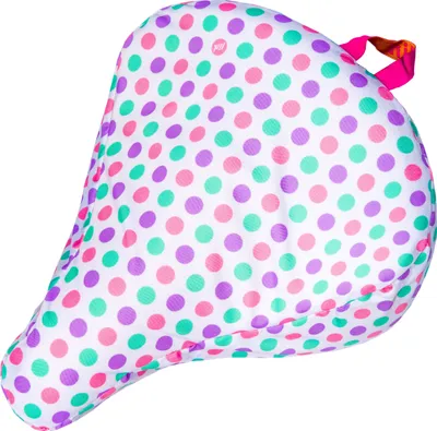 A colorful polka-dot patterned bicycle seat on a white background.