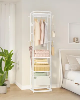Zdjęcie produktu dla Wolnostojąca wieszalka na ubrania - biała, z 3 półkami i 11 haczykami - wysokość 182 cm