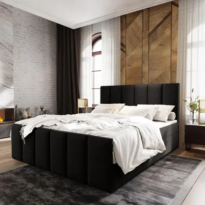 Produktbild von Masseno Boxspringbett LAGO 140x200 cm Komplett-Set mit Bonell Matratze und Topper, Polsterbett mit Bettkästen -Schwarz, SAWANA 14