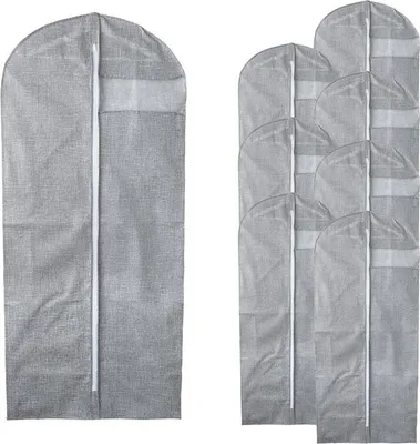 A set of gray garment bags against a white background.