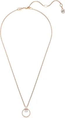 A rose gold necklace with a circular pendant is displayed against a white background.