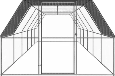 A front view of an empty outdoor chicken coop made of galvanized steel.