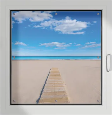 Produktbild von Wallario Lichtschutzbild, Dekorativer Sichtschutz Sonnenschutz 96 x 93 cm mit Motiv: Auf dem Holzweg zum blauen Meer - Verdunklung ohne Bohren
