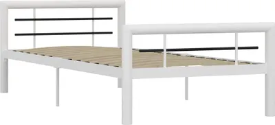 A white metal bed frame with black accents against a white background.