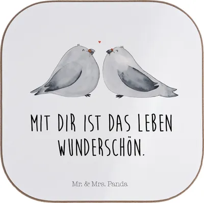 Produktbild von Mr. & Mrs. Panda Tassenuntersetzer Turteltauben Liebe - Weiß - Geschenk, gläseruntersetzer, Tischuntersetzer, Freundin, Untersetzer für Gläser, Partner, Holzuntersetzer