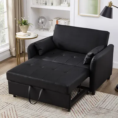 Image de OKWISH Canapé-lit 2 Places Convertible, Dossier Réglable 3 Positions, avec Fonction Couchage,PolyuréthaneNoir