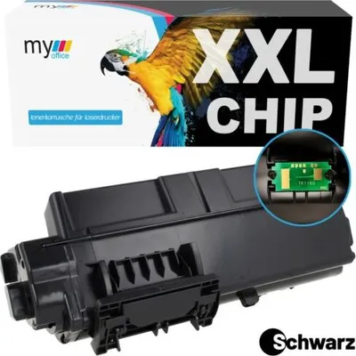 A product shot of a toner cartridge and its packaging, with a close-up of the chip.