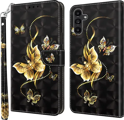 Produktbild von CLM-Tech Hülle kompatibel mit Samsung Galaxy A14 5G - Tasche aus Kunstleder - Klapphülle mit Ständer und Kartenfächern, goldene Schmetterlinge schwarz