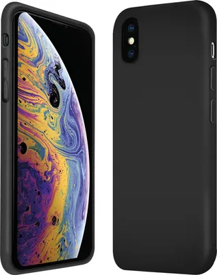 A black iPhone case is shown next to an iPhone with a colorful wallpaper.