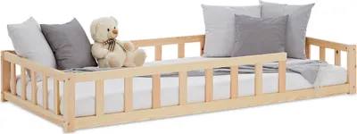 Produktbild von Homestyle4u 2837, Kinderbett Natur mit Rausfallschutz 90x200 cm Bodenbett Montessori Bett Lattenrost Kleinkindbett