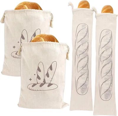 Produktbild von 4 Stück Brotbeutel - 30 x 40 cm/14.5 x 64 cm - Brottasche - ält Lebensmittel frisch - wiederverwendbar - plastikfrei - für Küche & Camping - Beige