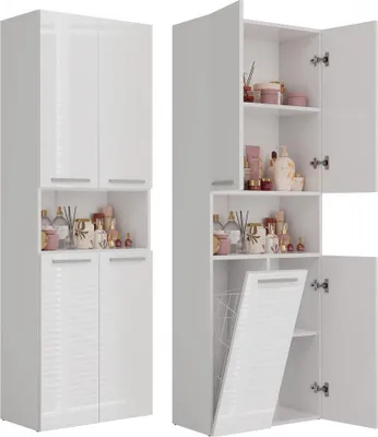 Immagine prodotto di Mobile da bagno NEL DK 1K - 5 ripiani e cestello | Corpo bianco opaco | Frontale bianco lucido | 60x30x174 cm