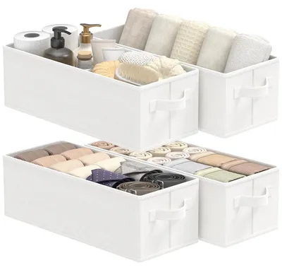 Produktbild von Stoffaufbewahrungswürfel, schmaler, faltbarer Kleiderschrank-Organizer mit Griff, würfelförmige Box für Kleiderschrank, Regal und Kleidung, 4 Stück, weiß, 38 x 15,5 x 13 cm