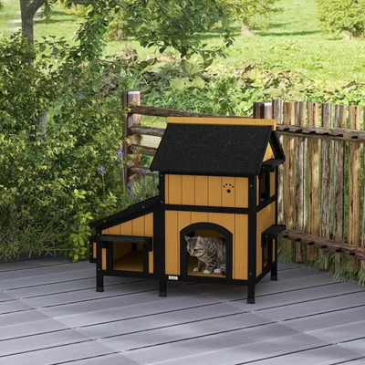 Produktbild von Katzenhaus Outdoor 2-Etagen, Katzenhütte mit Blumenkasten, Tannenholz wetterfest, Gelb/Weiß/Schwarz | 96 x 65 x 85,5 cm | 16 kg | Asphaltdach