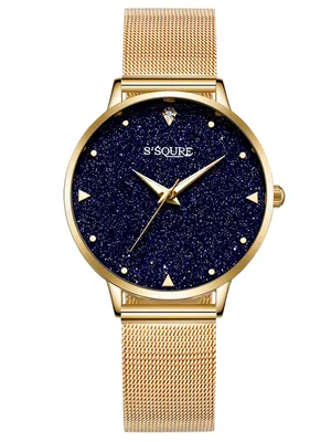 Produktbild von Alienwork Damen-Armbanduhr Quarz gold mit Metall Mesh Armband Edelstahl schwarz echtes Marmor Zifferblatt