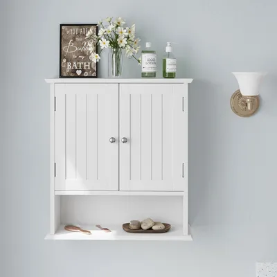 Produktbild von Weißer Wandmontierter Badezimmerschrank Medizinschrank mit Doppeltüren und Verstellbaren Regalen